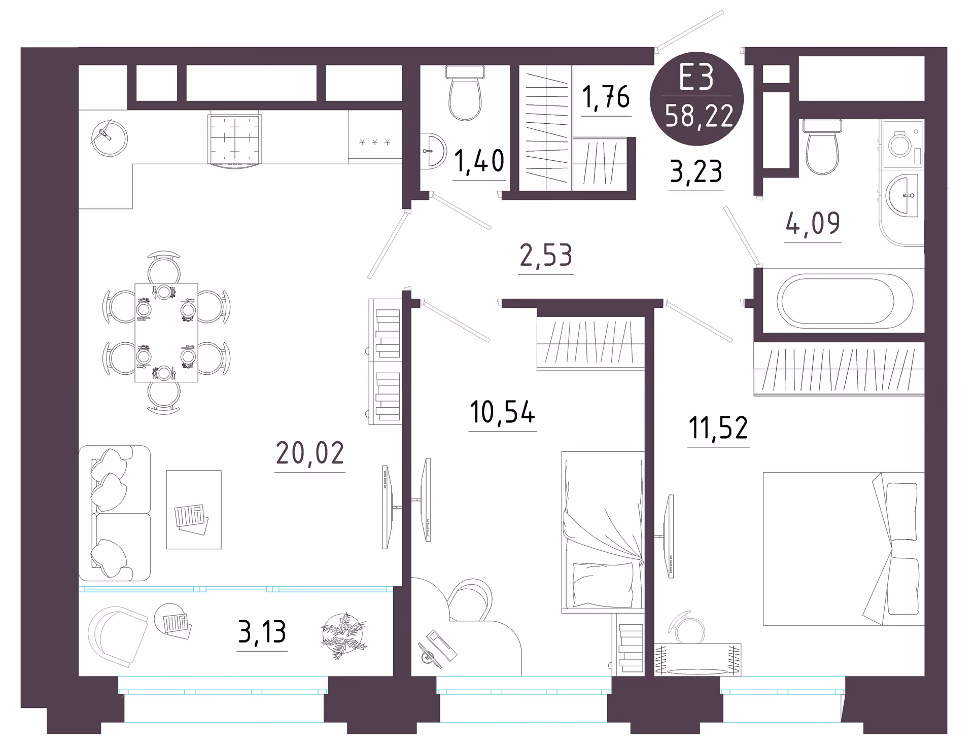 Планировка Квартира с двумя спальнями и гостиной 23 м² (Евро-3)