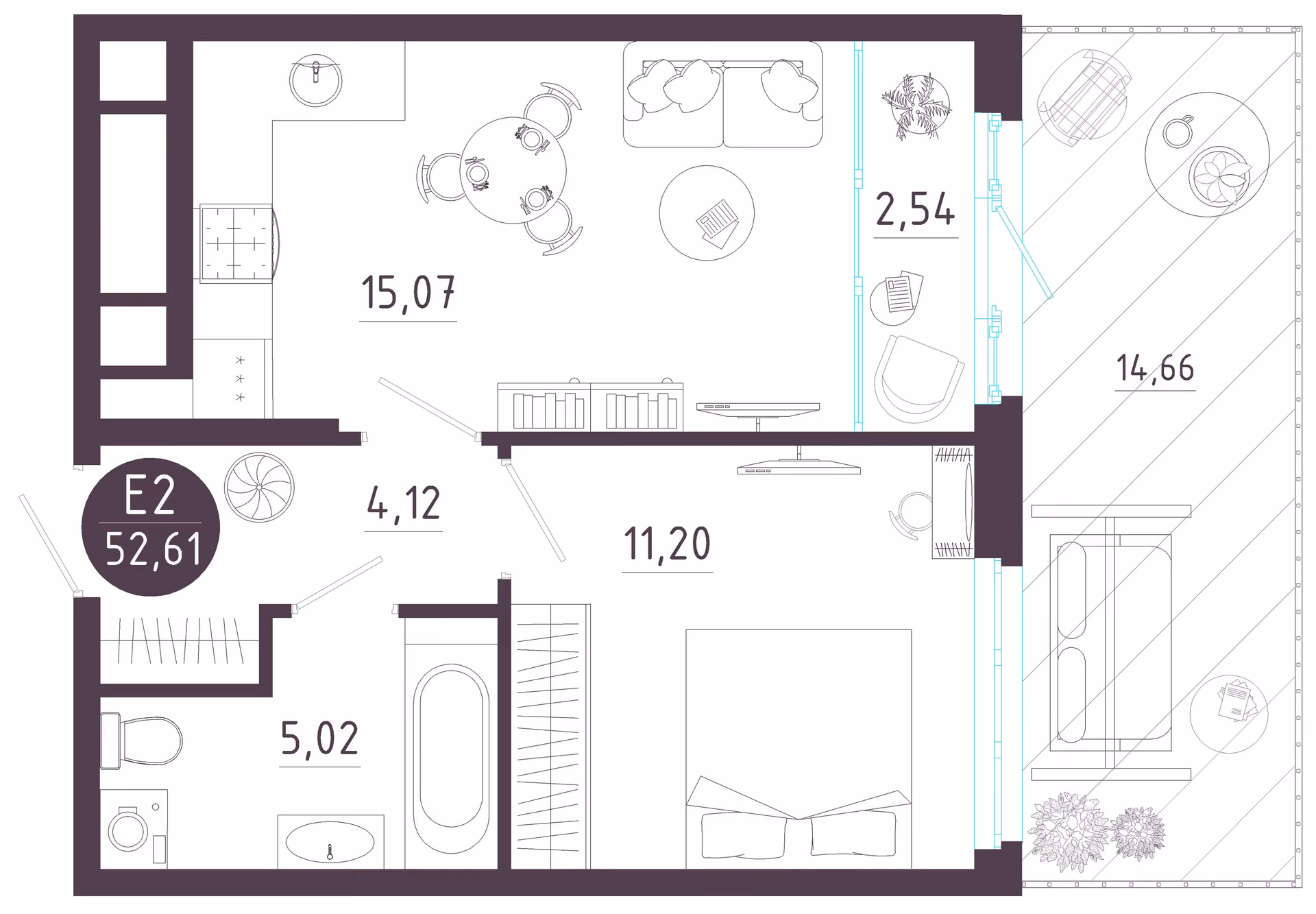 Планировка Квартира с одной спальней и гостиной 18 м² (Евро-2)