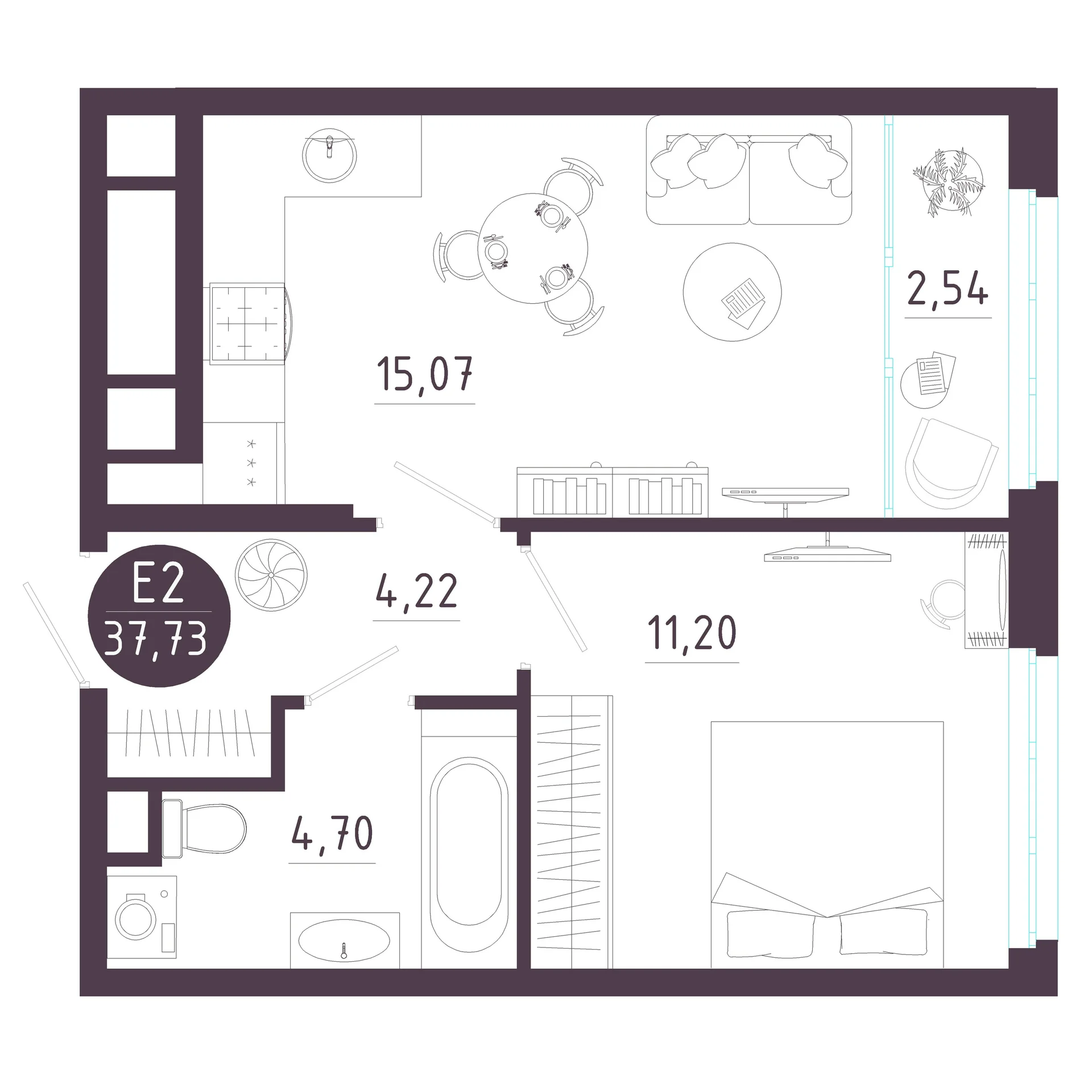 Планировка Квартира с одной спальней и гостиной 18 м² (Евро-2)