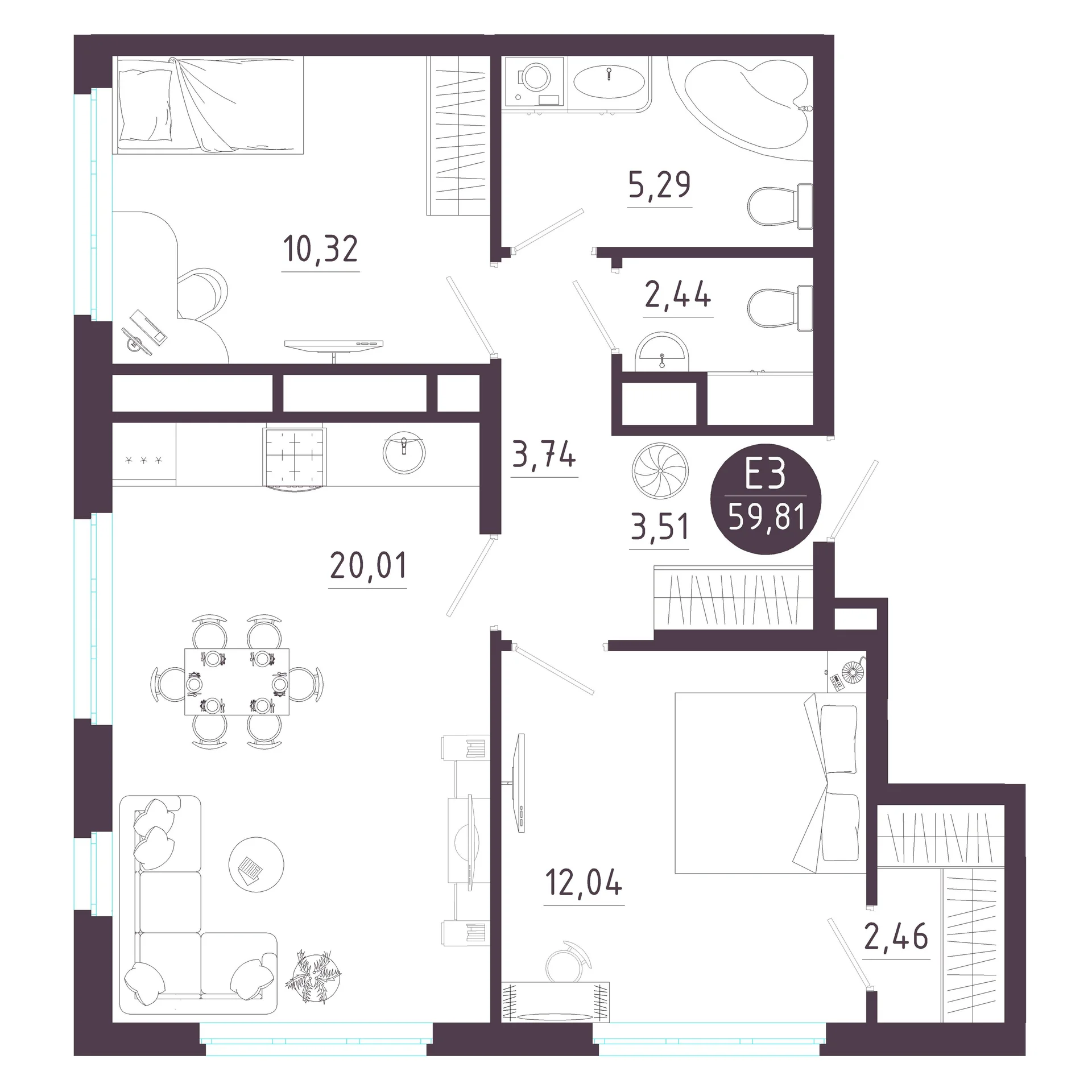 Планировка Квартира с двумя спальнями и гостиной 20 м² (Евро-3)