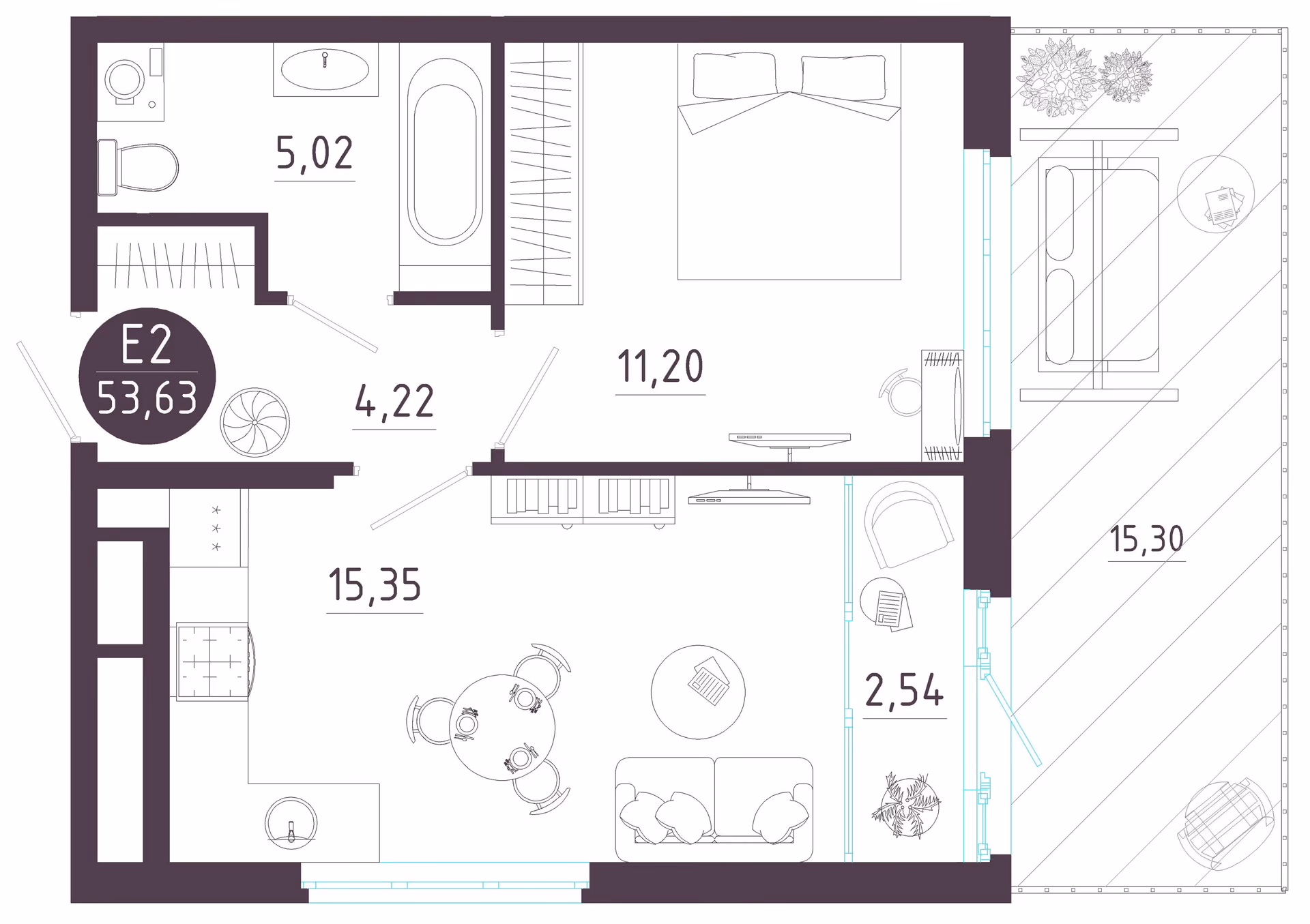 Планировка Квартира с одной спальней и гостиной 18 м² (Евро-2)