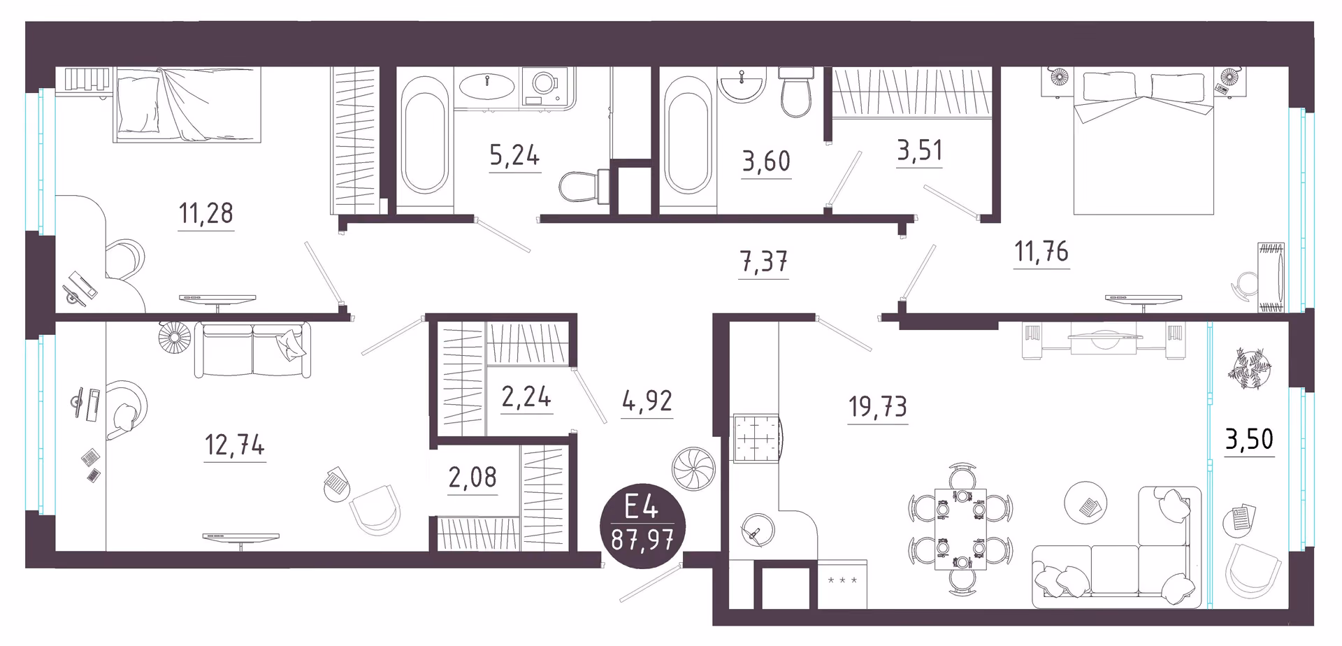 Планировка Квартира с тремя спальнями и гостиной 23 м² (Евро-4)