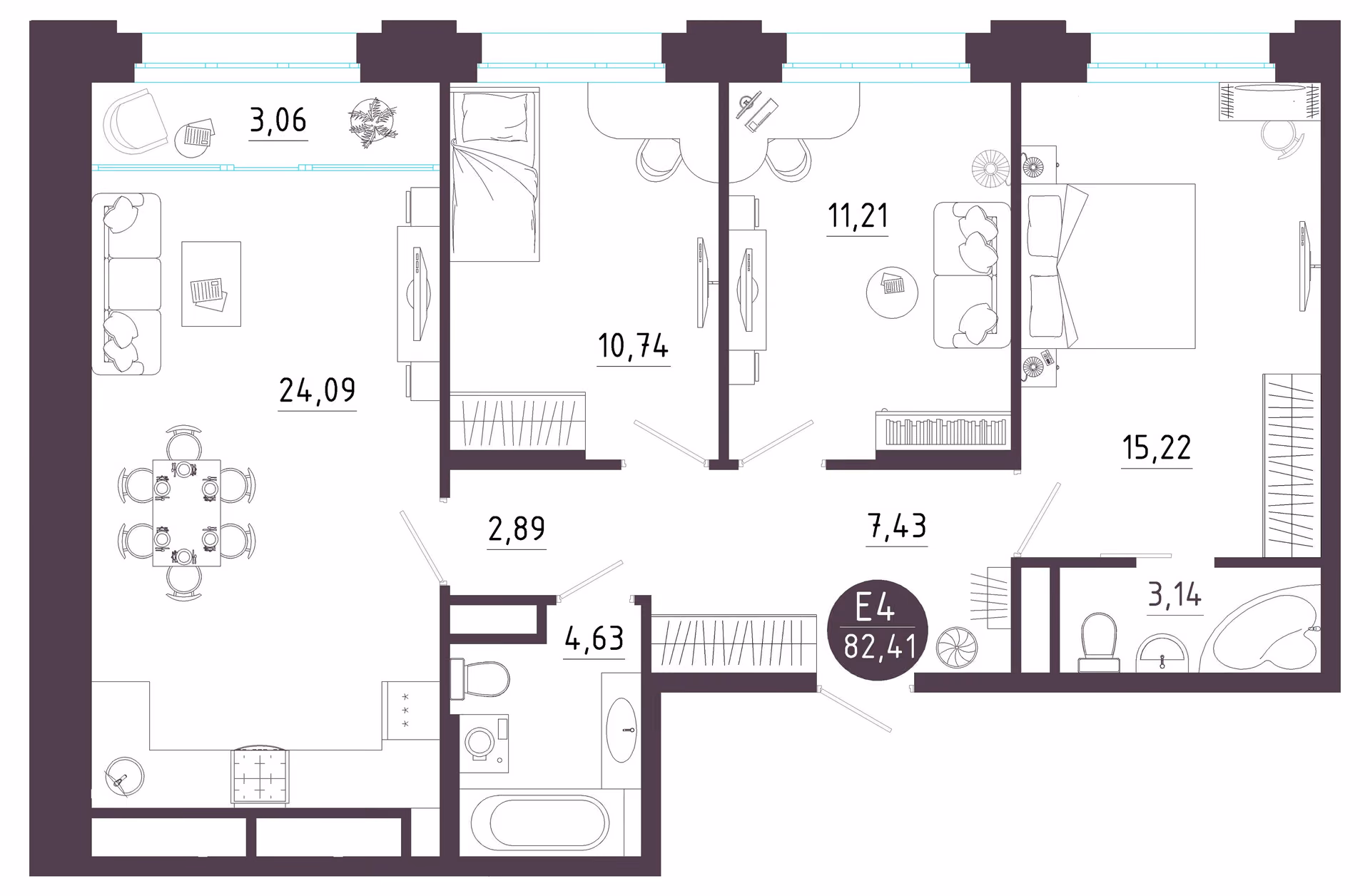 Планировка Квартира с тремя спальнями и гостиной 27 м² (Евро-4)