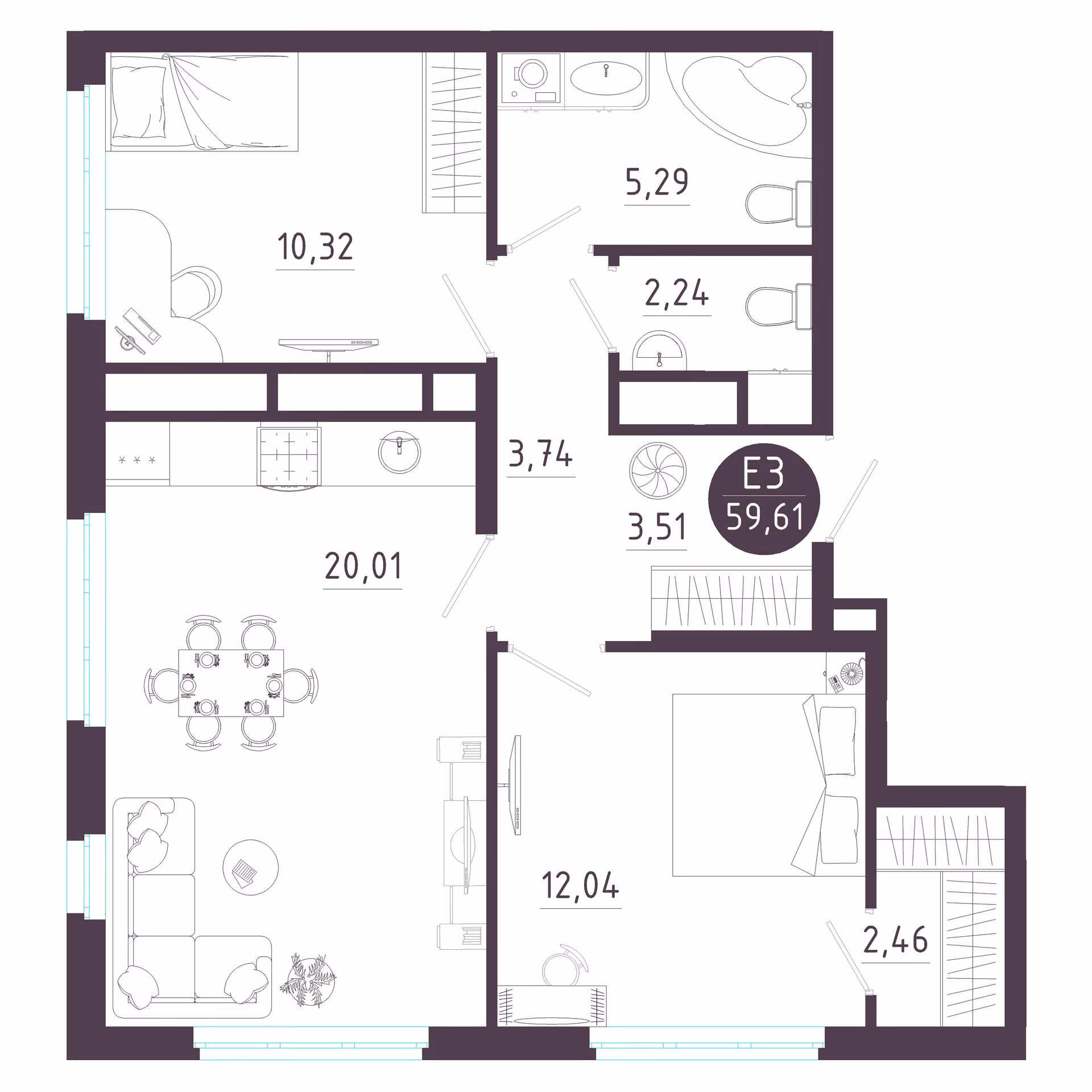 Планировка Квартира с двумя спальнями и гостиной 20 м² (Евро-3)