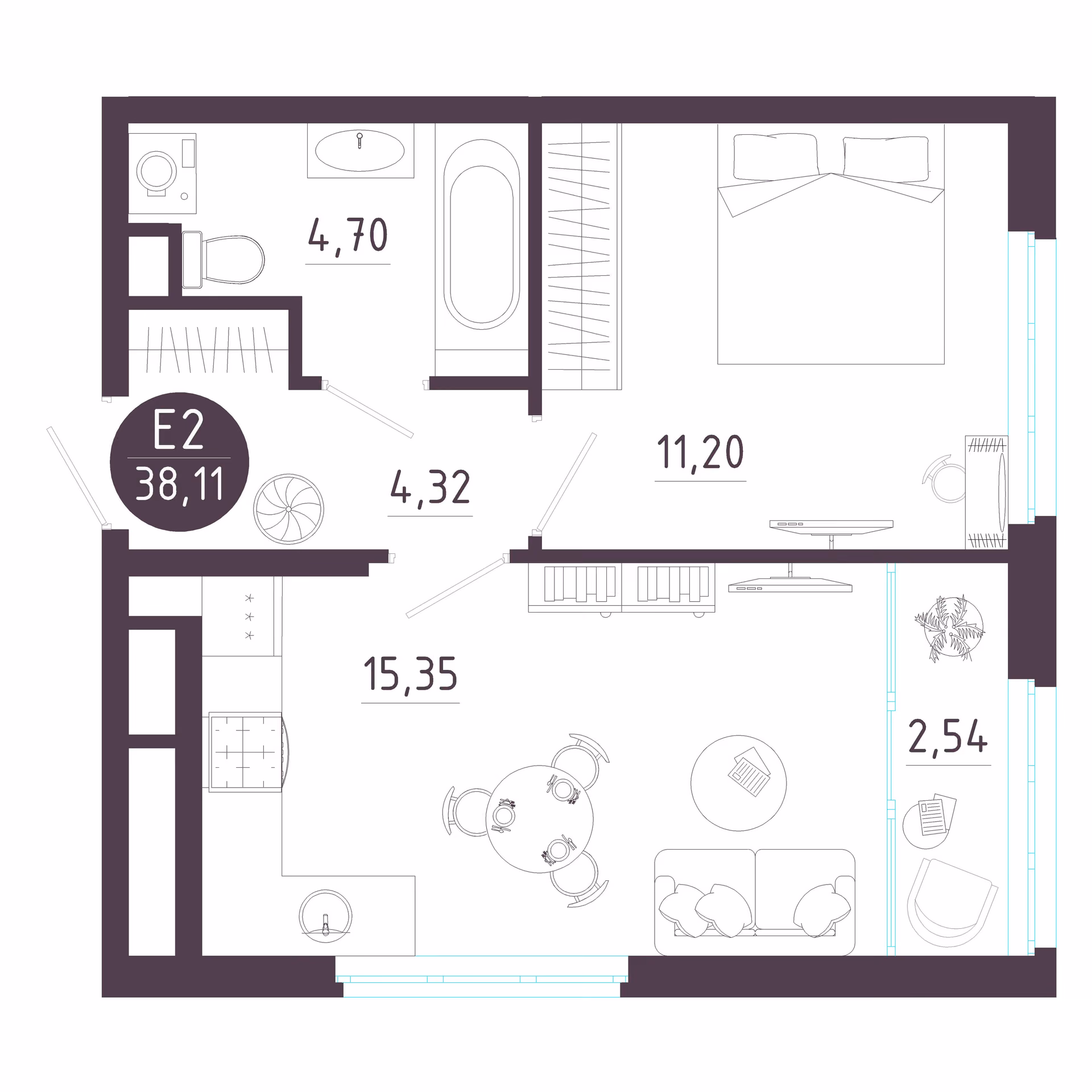 Планировка Квартира с одной спальней и гостиной 18 м² (Евро-2)