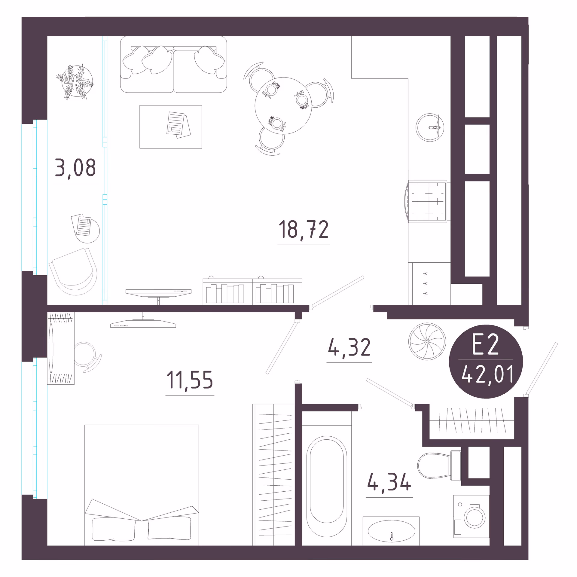 Планировка Квартира с одной спальней и гостиной 22 м² (Евро-2)