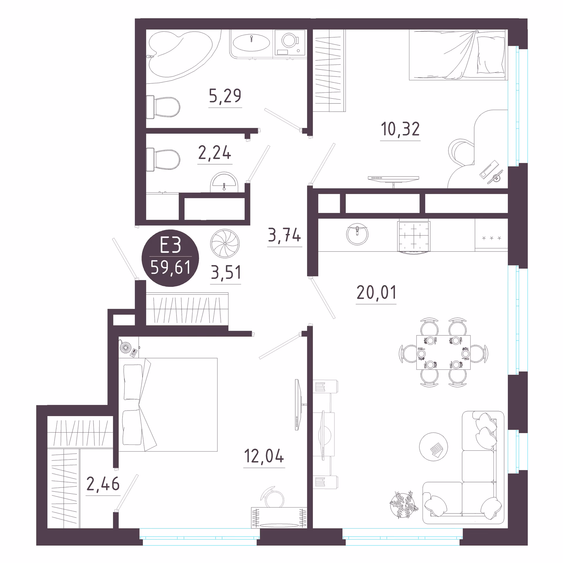 Планировка Квартира с двумя спальнями и гостиной 20 м² (Евро-3)