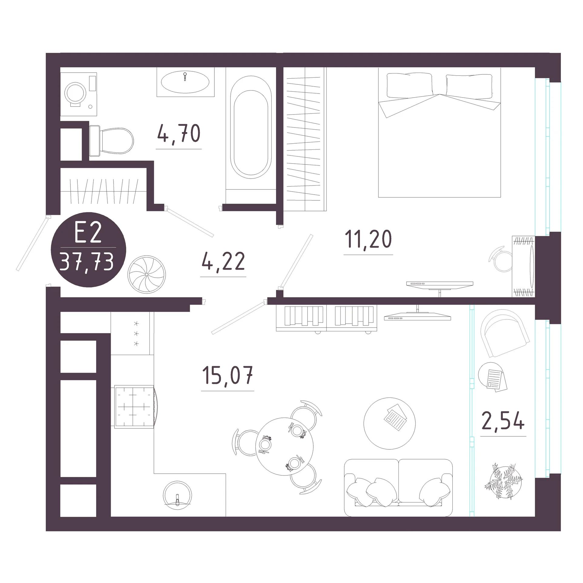 Планировка Квартира с одной спальней и гостиной 18 м² (Евро-2)
