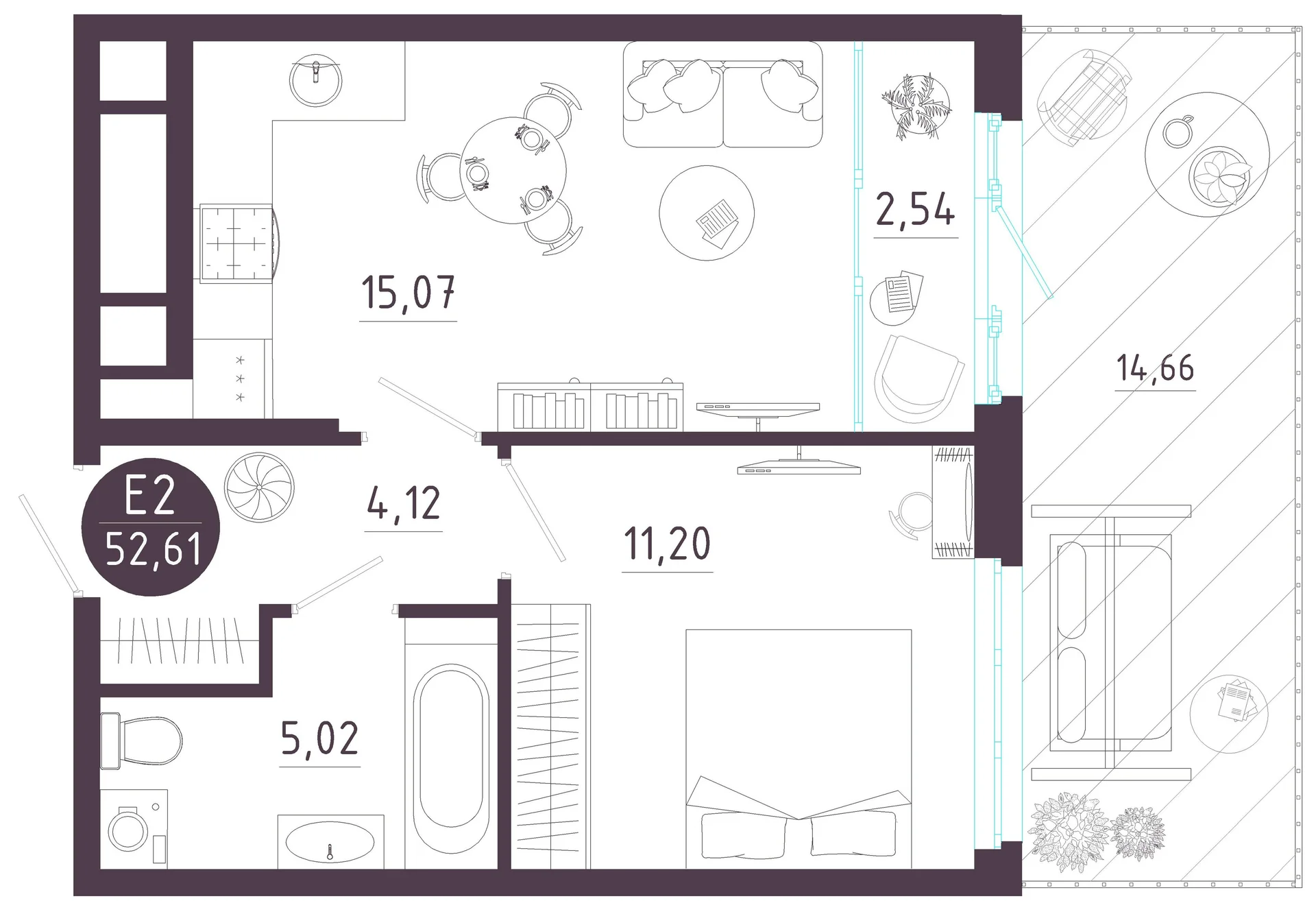 Планировка Квартира с одной спальней и гостиной 18 м² (Евро-2)