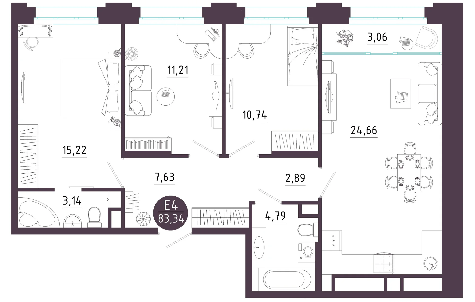 Планировка Квартира с тремя спальнями и гостиной 28 м² (Евро-4)