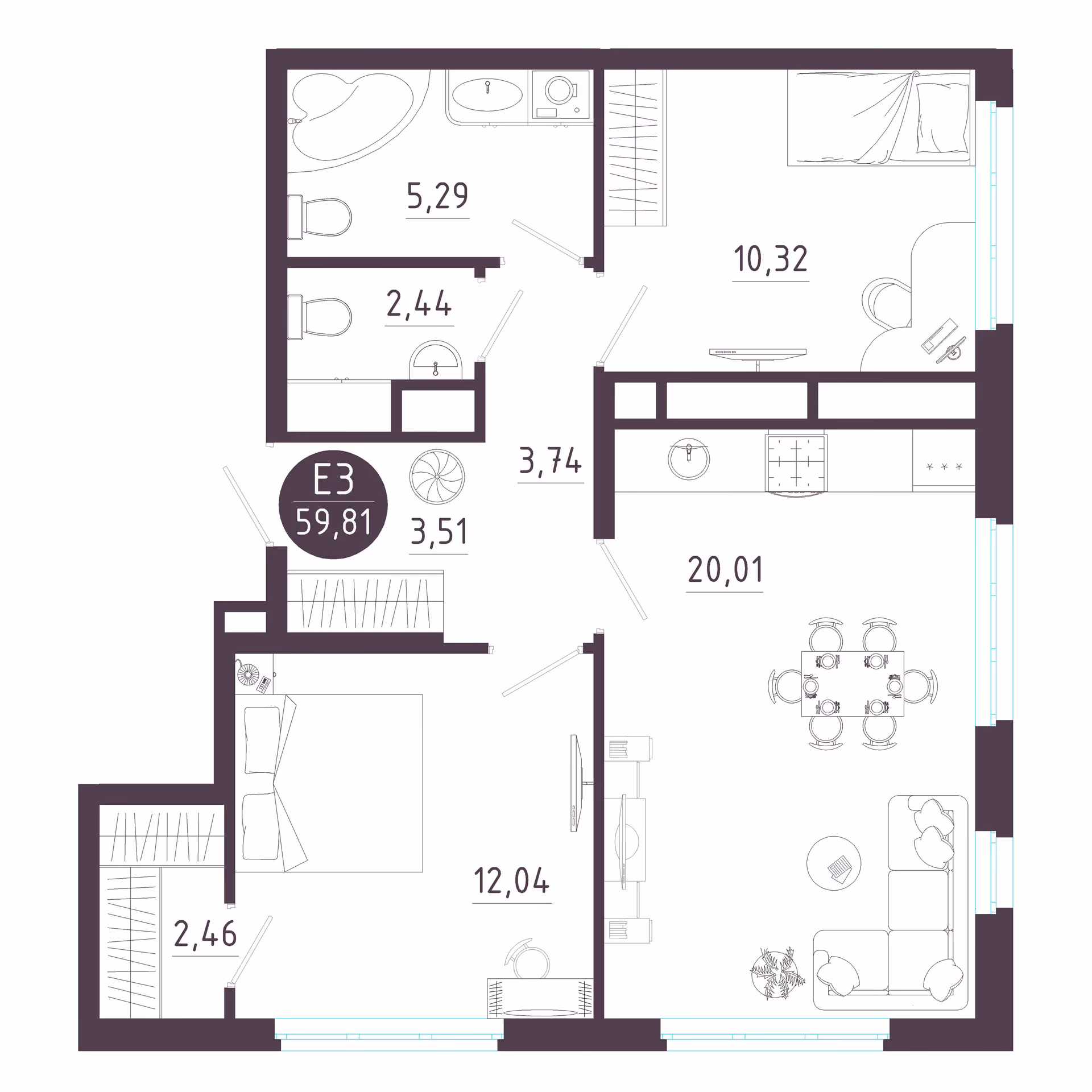 Планировка Квартира с двумя спальнями и гостиной 20 м² (Евро-3)