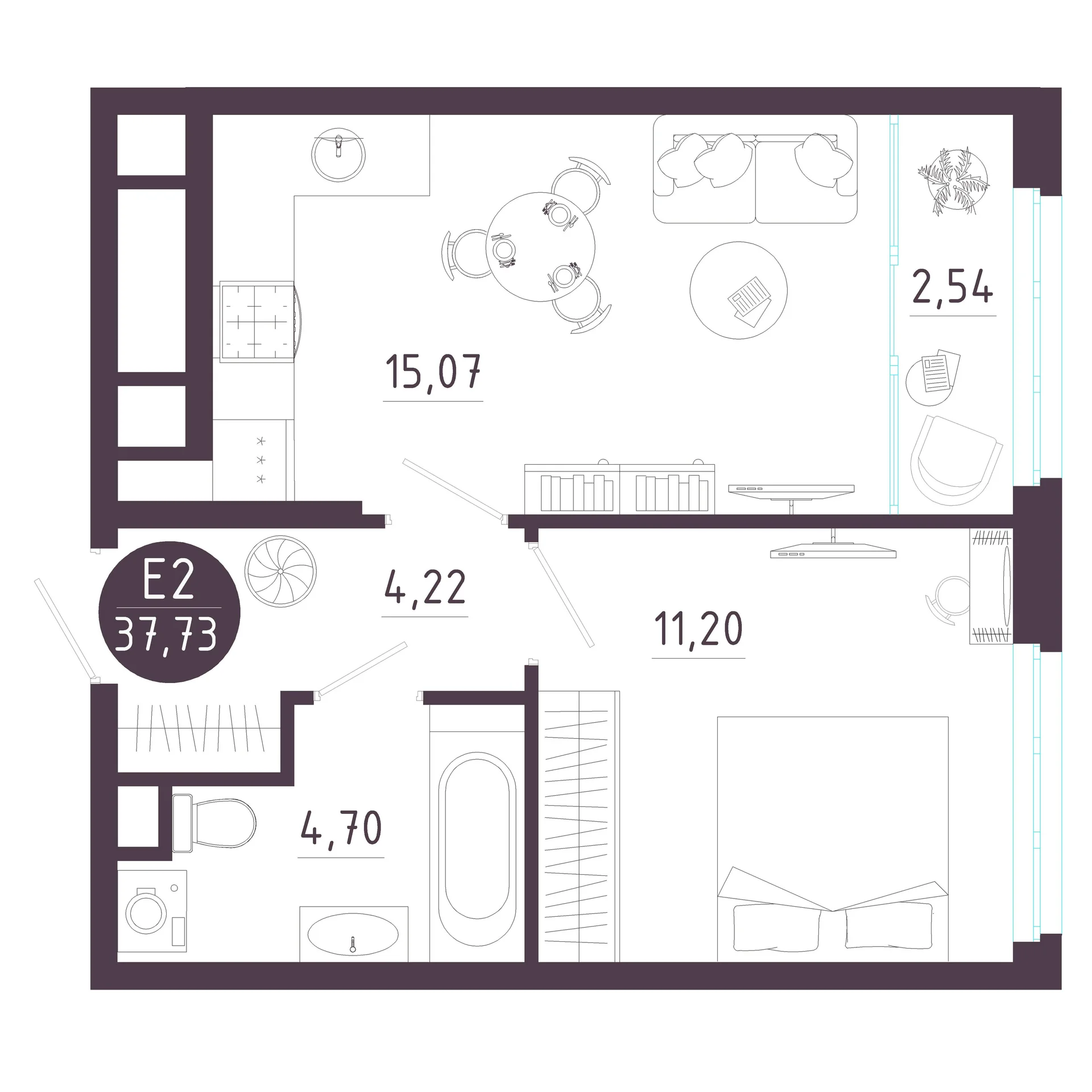 Планировка Квартира с одной спальней и гостиной 18 м² (Евро-2)