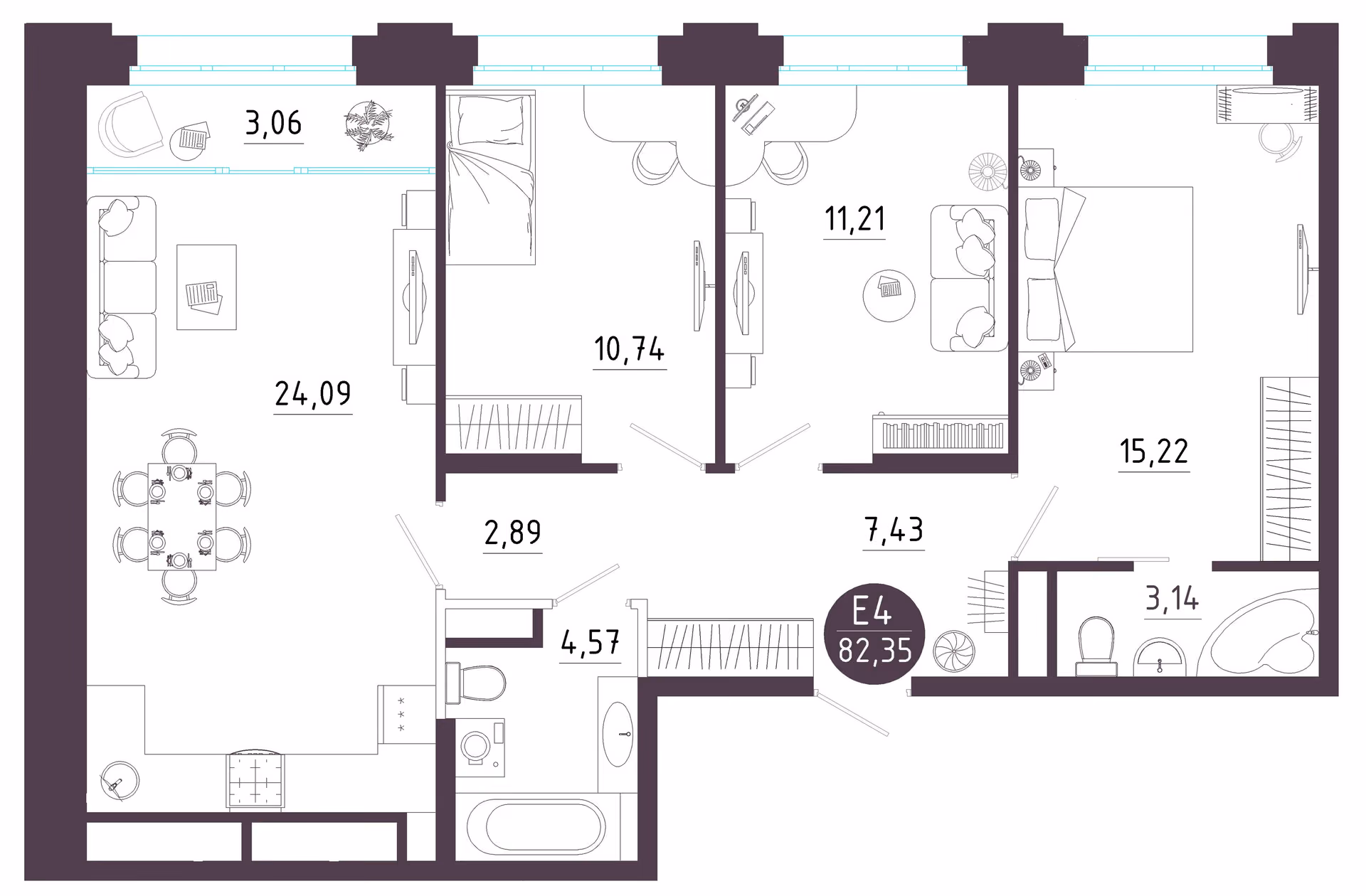 Планировка Квартира с тремя спальнями и гостиной 27 м² (Евро-4)