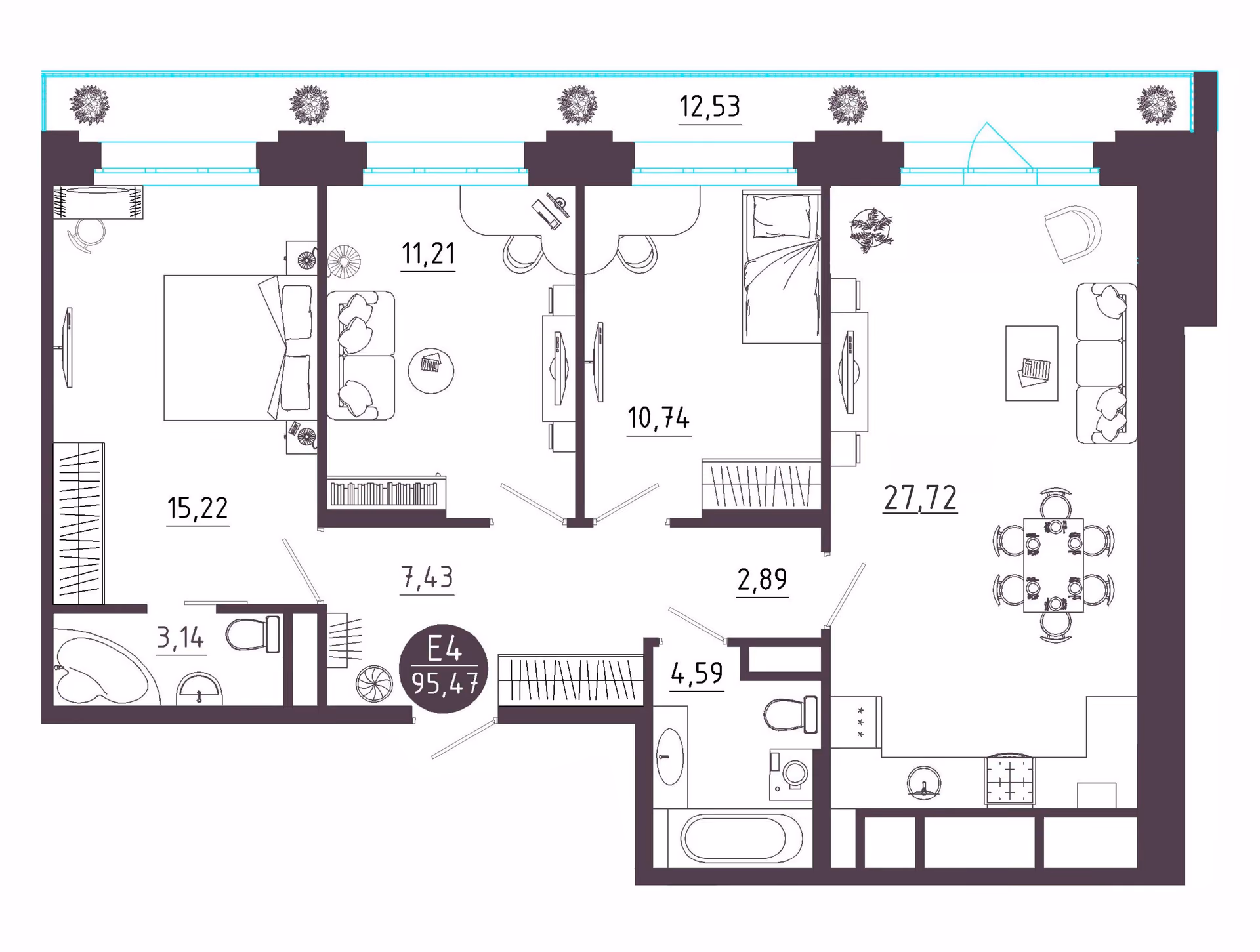 Планировка Квартира с тремя спальнями и гостиной 28 м² (Евро-4)