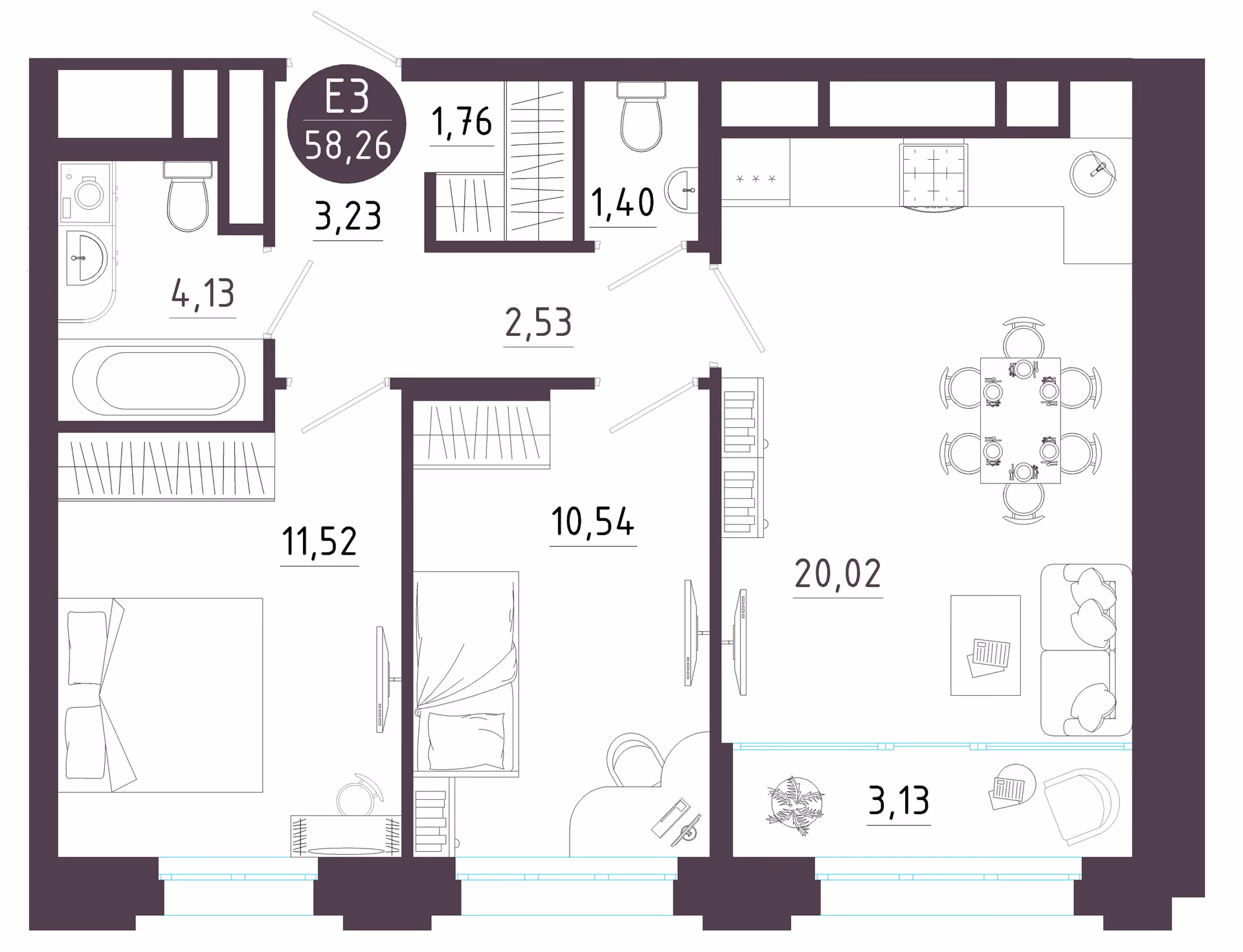 Планировка Квартира с двумя спальнями и гостиной 23 м² (Евро-3)