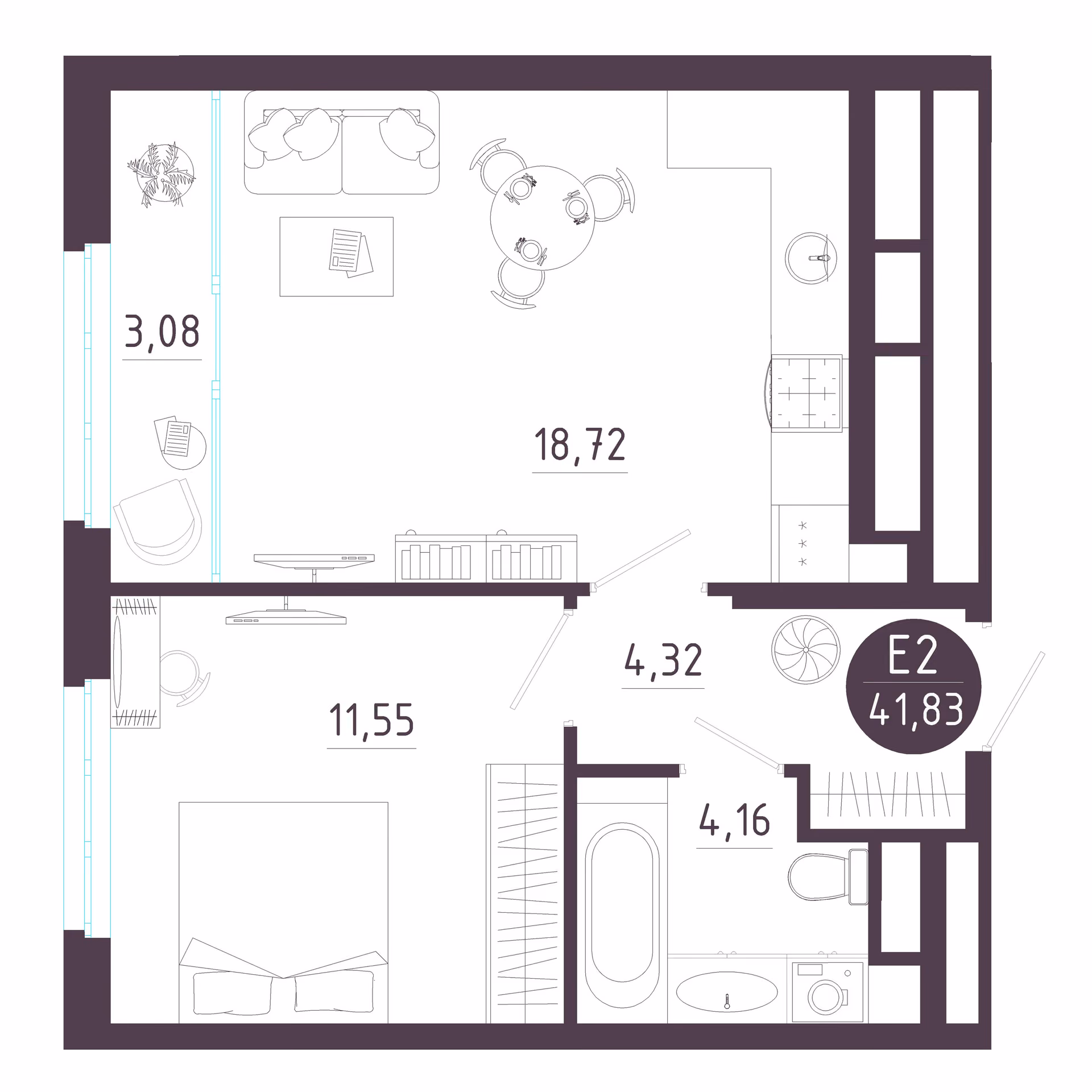 Планировка Квартира с одной спальней и гостиной 22 м² (Евро-2)