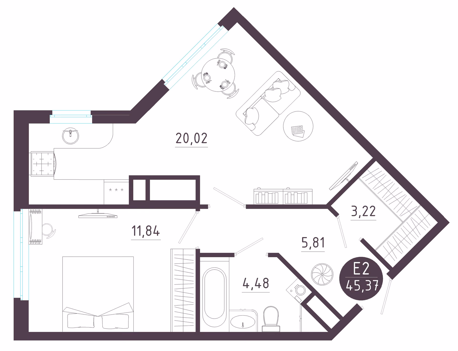 Планировка Квартира с одной спальней и гостиной 20 м² (Евро-2)