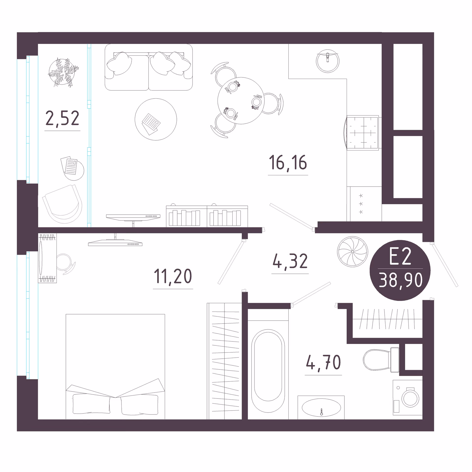 Планировка Квартира с одной спальней и гостиной 19 м² (Евро-2)