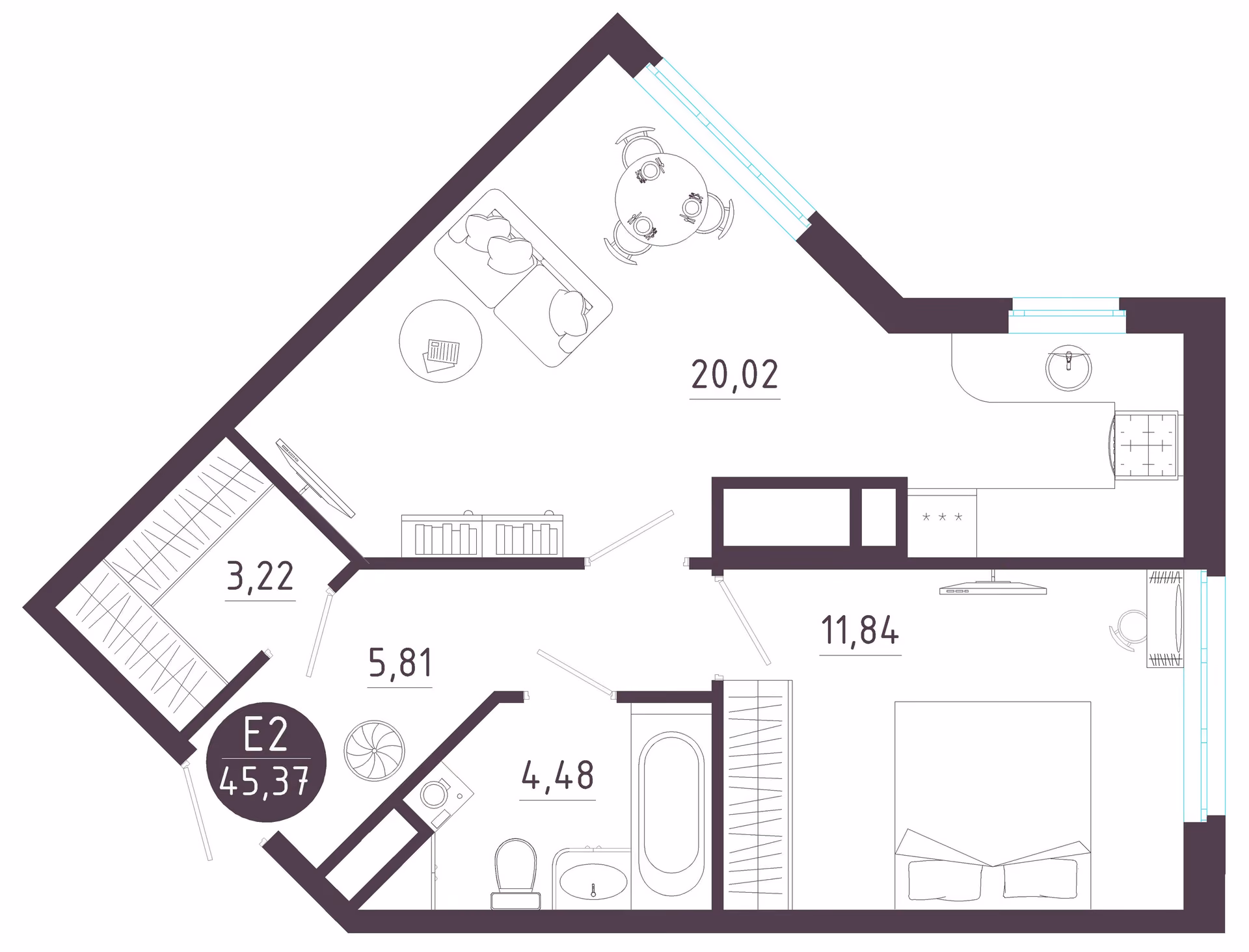 Планировка Квартира с одной спальней и гостиной 20 м² (Евро-2)