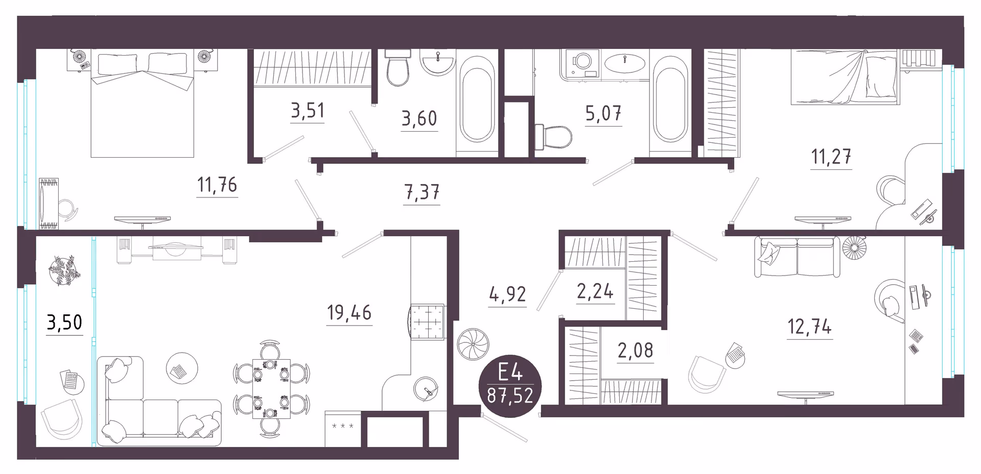 Планировка Квартира с тремя спальнями и гостиной 23 м² (Евро-4)