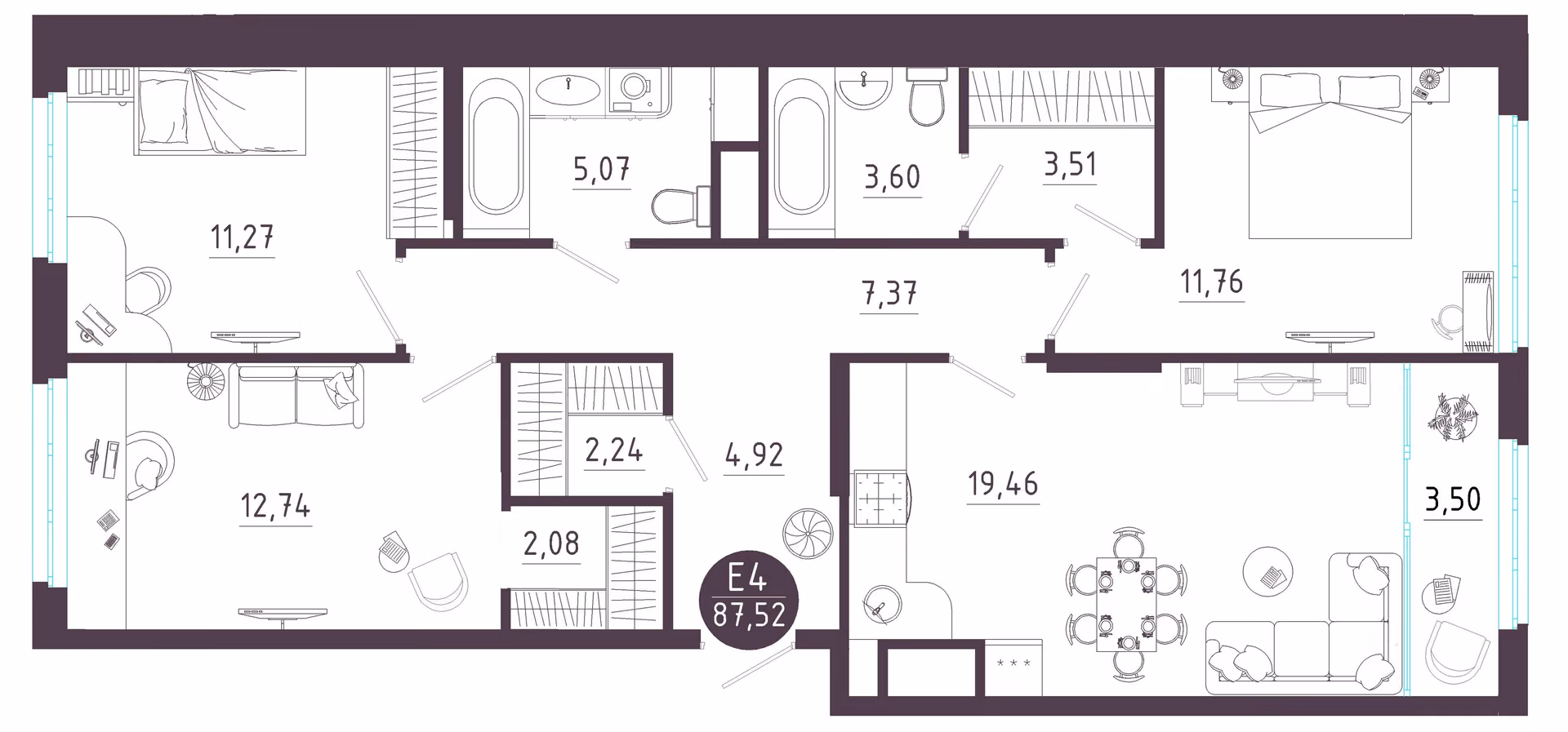 Планировка Квартира с тремя спальнями и гостиной 23 м² (Евро-4)