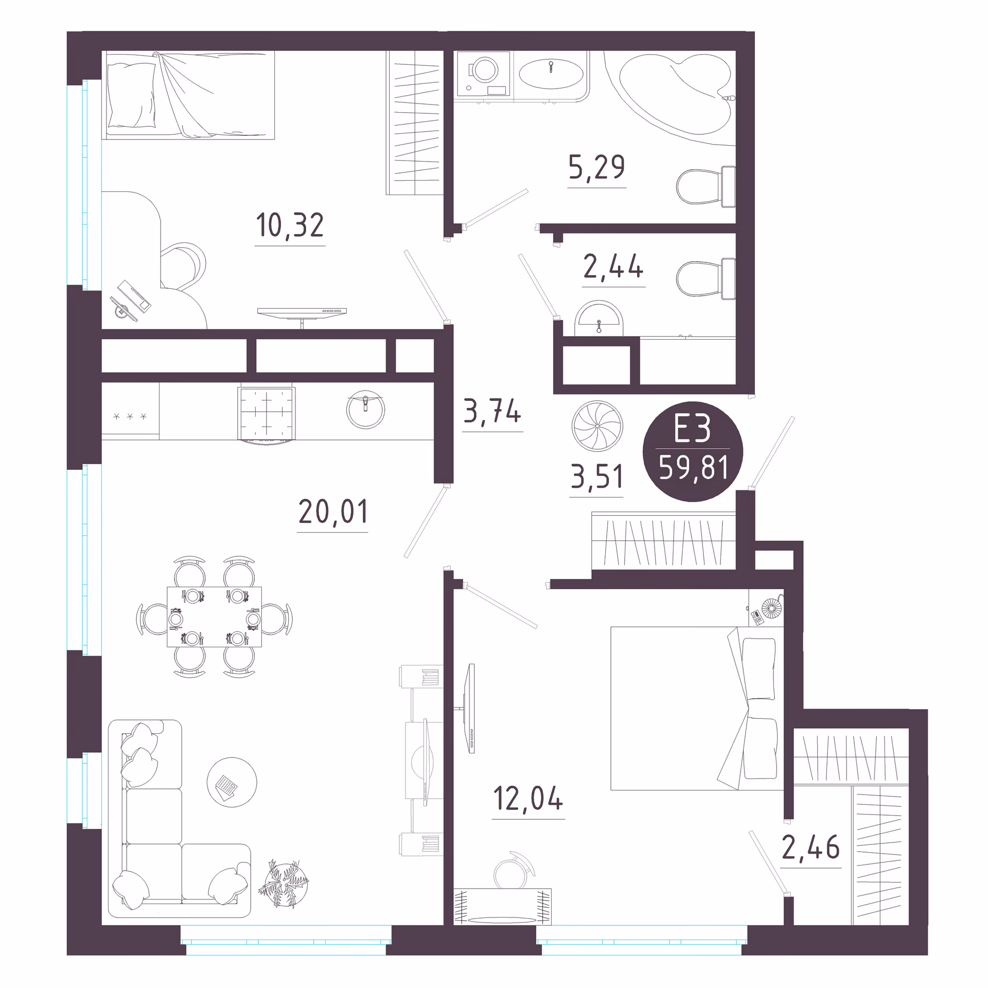 Планировка Квартира с двумя спальнями и гостиной 20 м² (Евро-3)