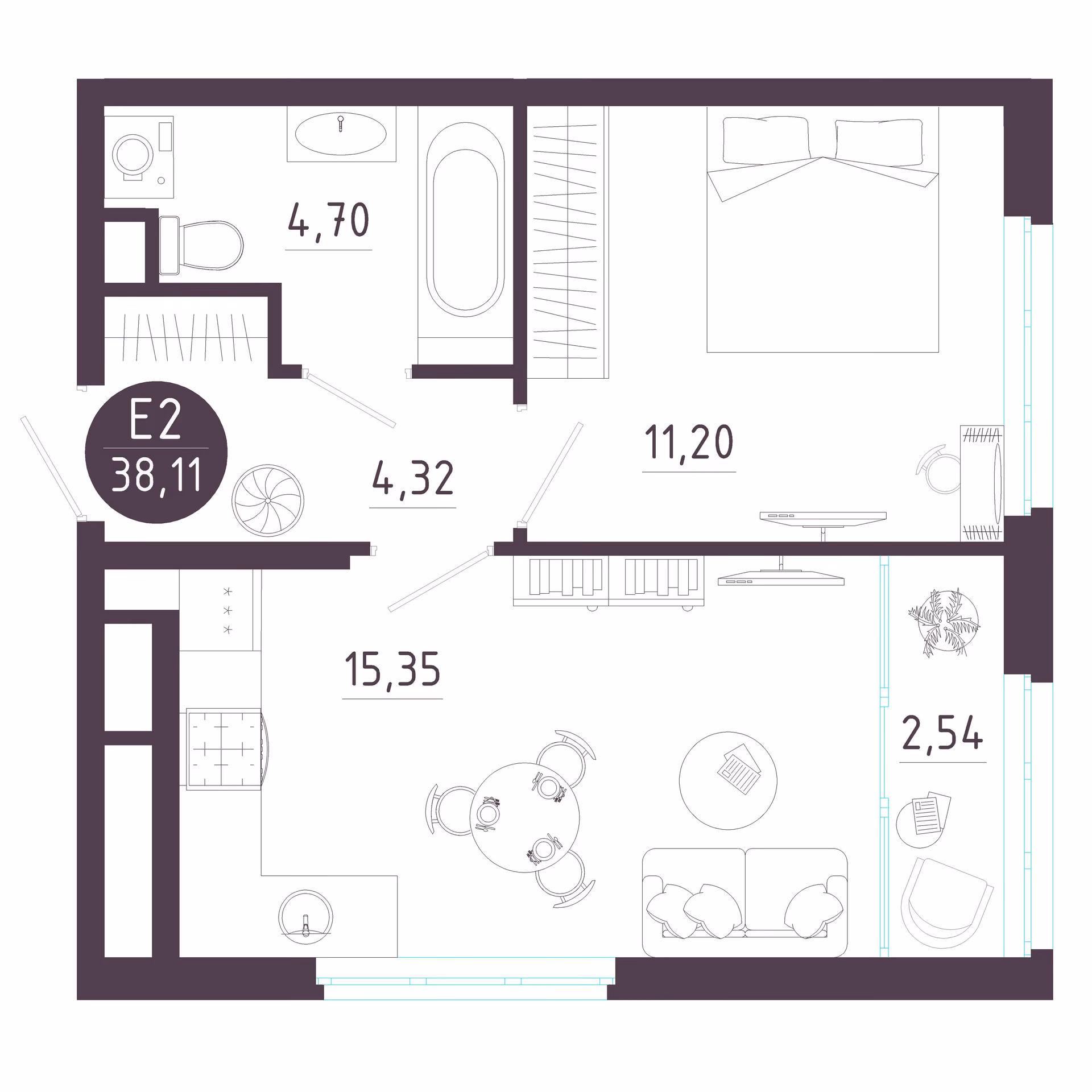 Планировка Квартира с одной спальней и гостиной 18 м² (Евро-2)