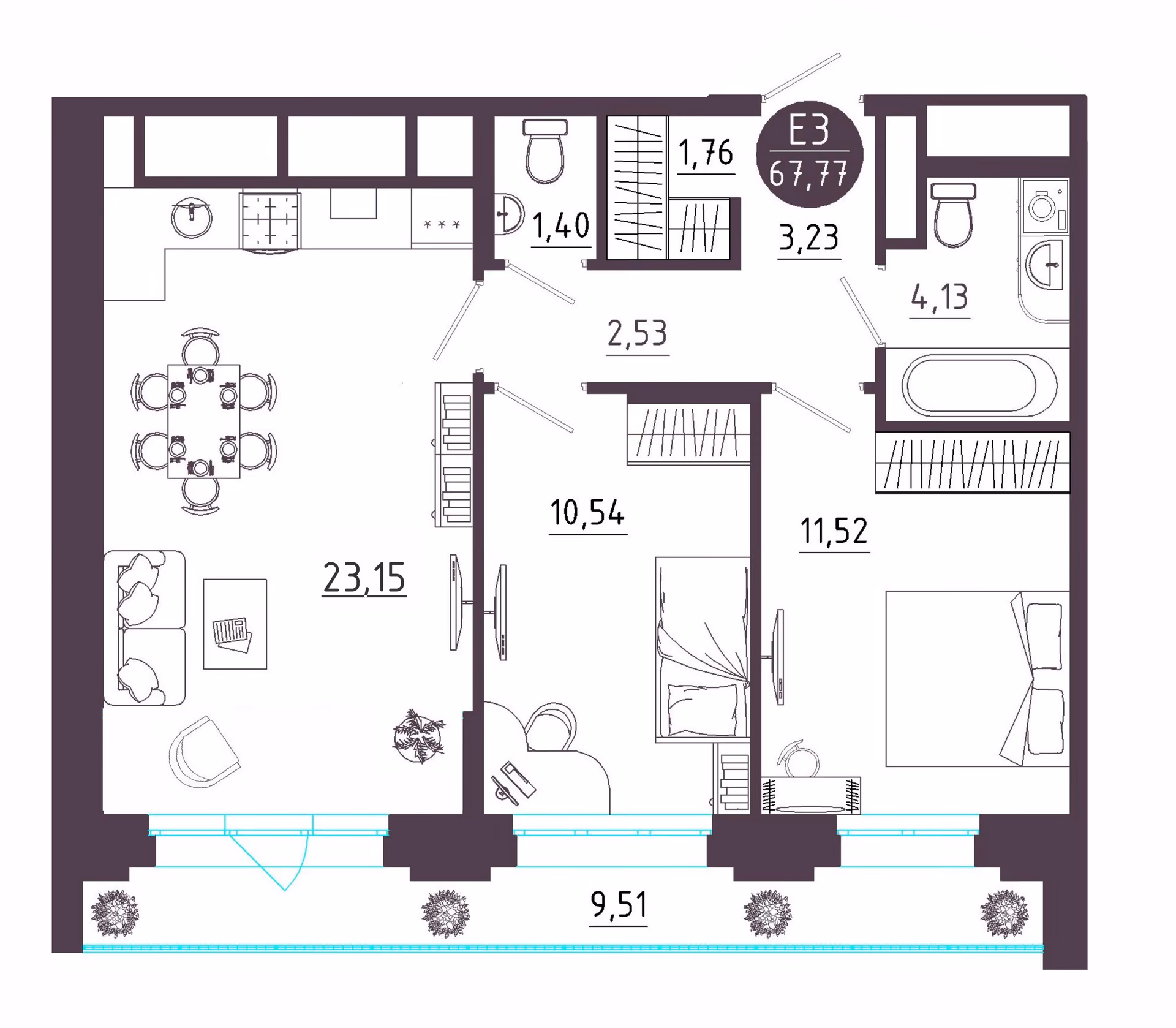 Планировка Квартира с двумя спальнями и гостиной 23 м² (Евро-3)