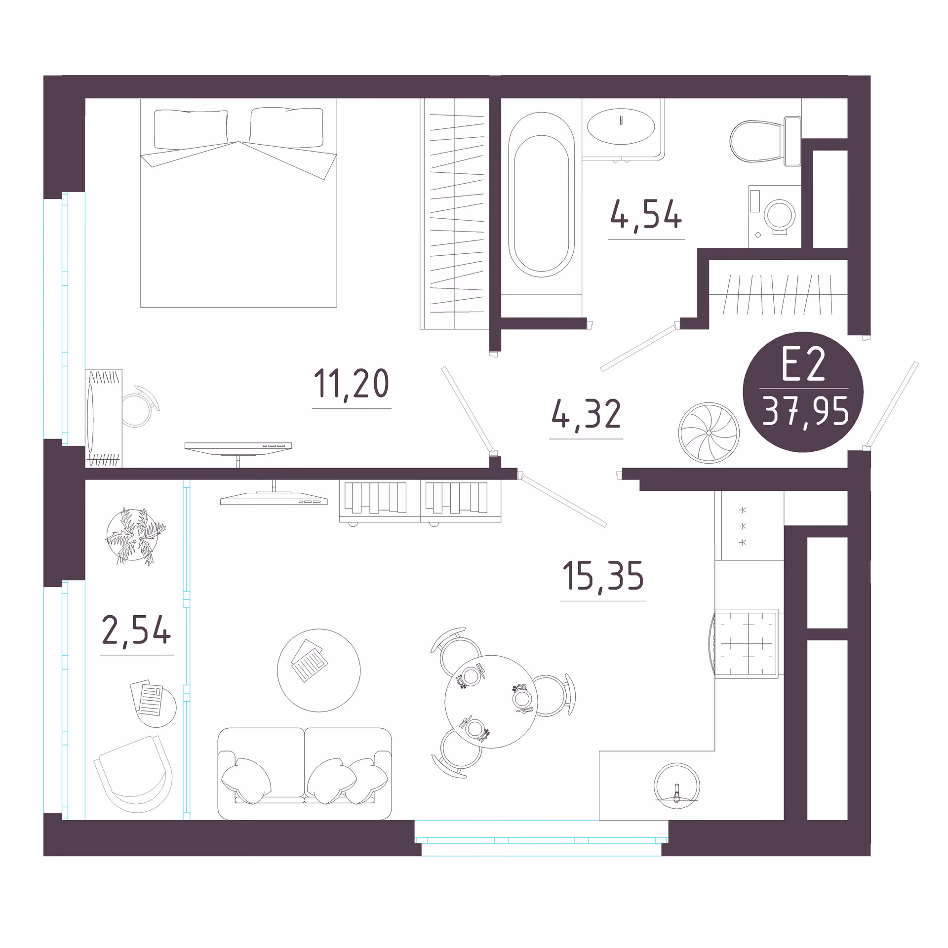 Планировка Квартира с одной спальней и гостиной 18 м² (Евро-2)
