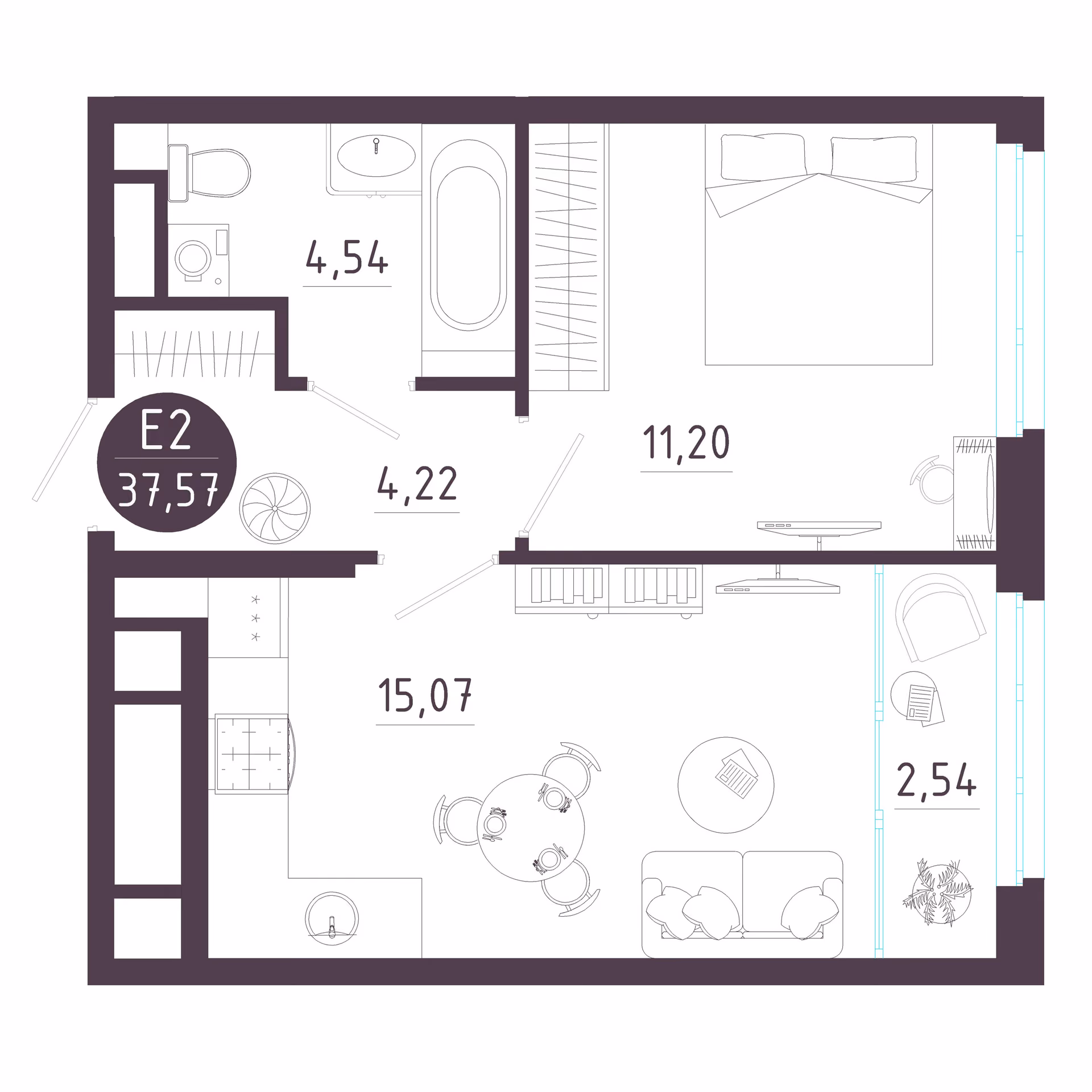 Планировка Квартира с одной спальней и гостиной 18 м² (Евро-2)