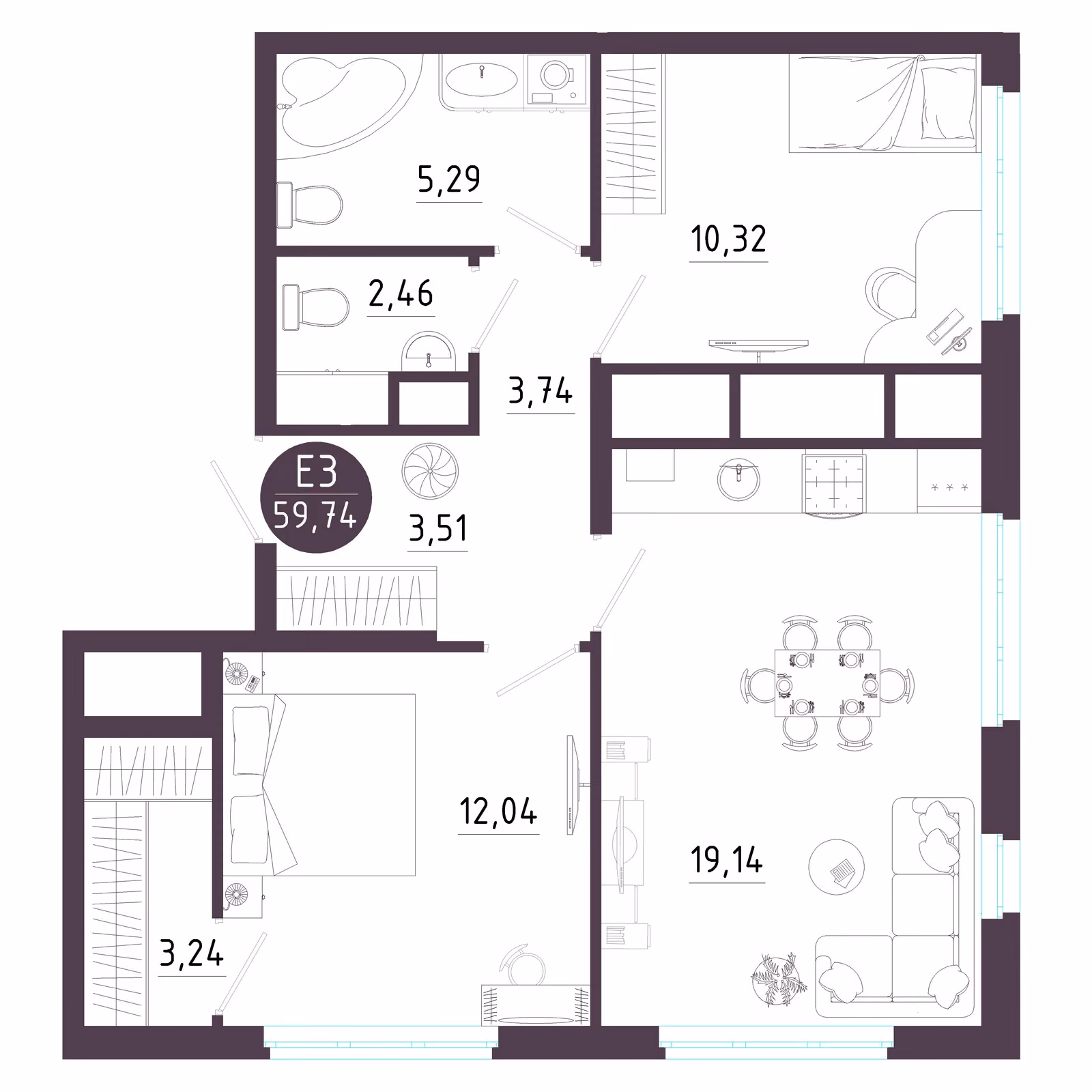Планировка Квартира с двумя спальнями и гостиной 17 м² (Евро-3)