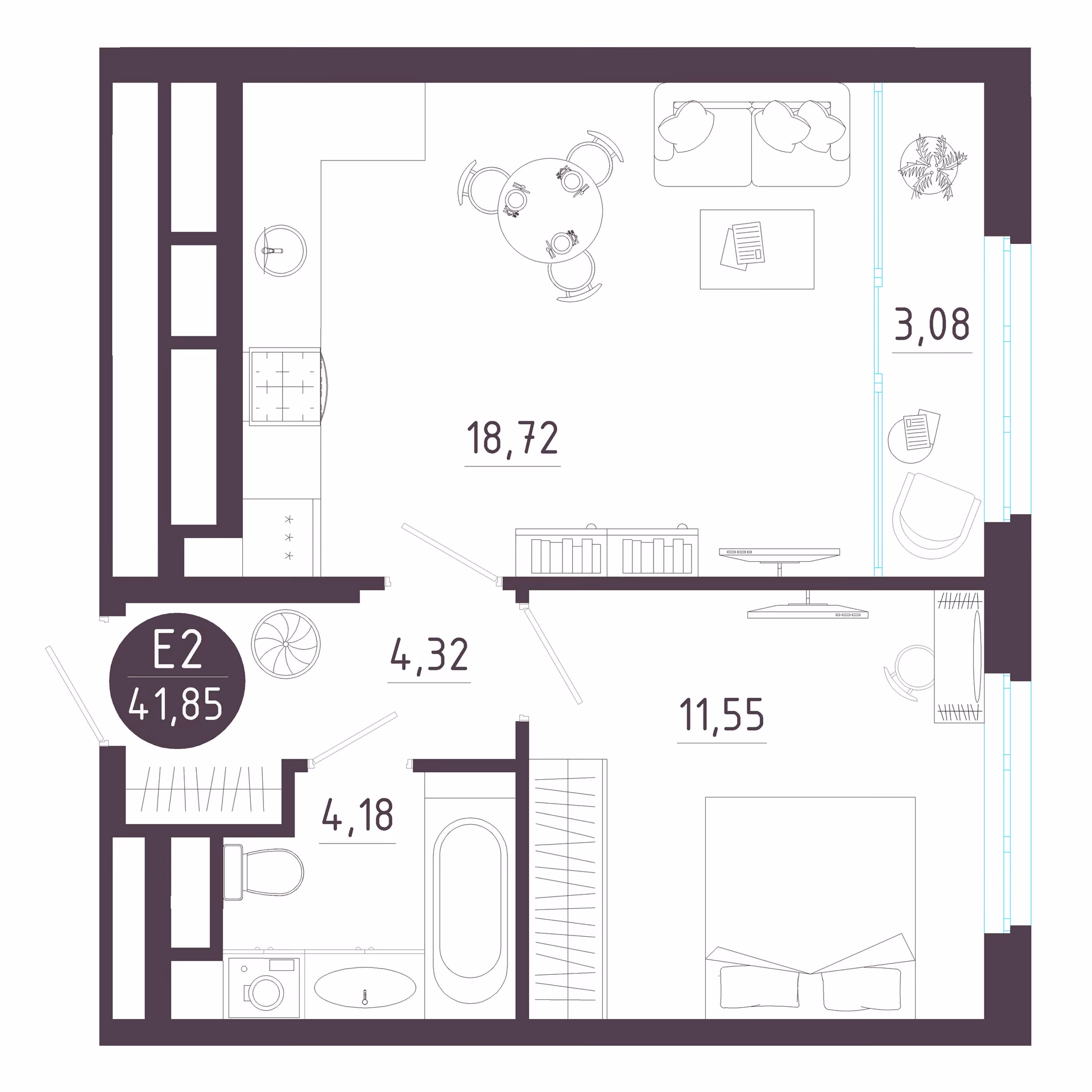 Планировка Квартира с одной спальней и гостиной 22 м² (Евро-2)