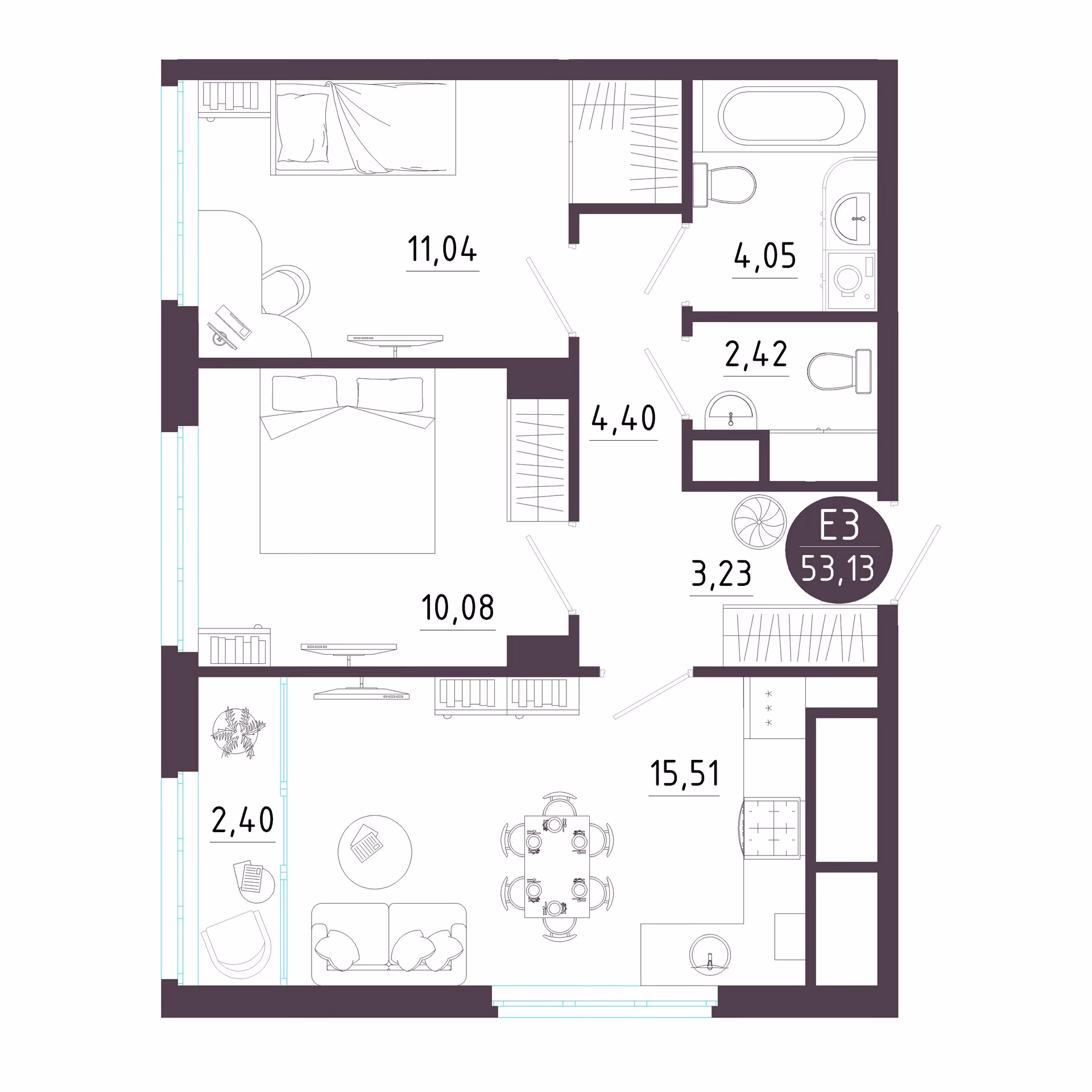 Планировка Квартира с двумя спальнями и гостиной 16 м² (Евро-3)