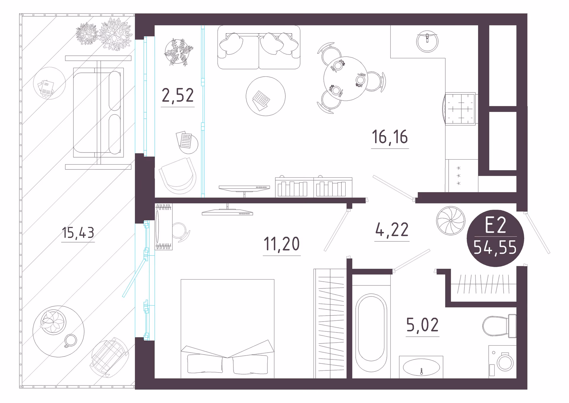 Планировка Квартира с одной спальней и гостиной 19 м² (Евро-2)